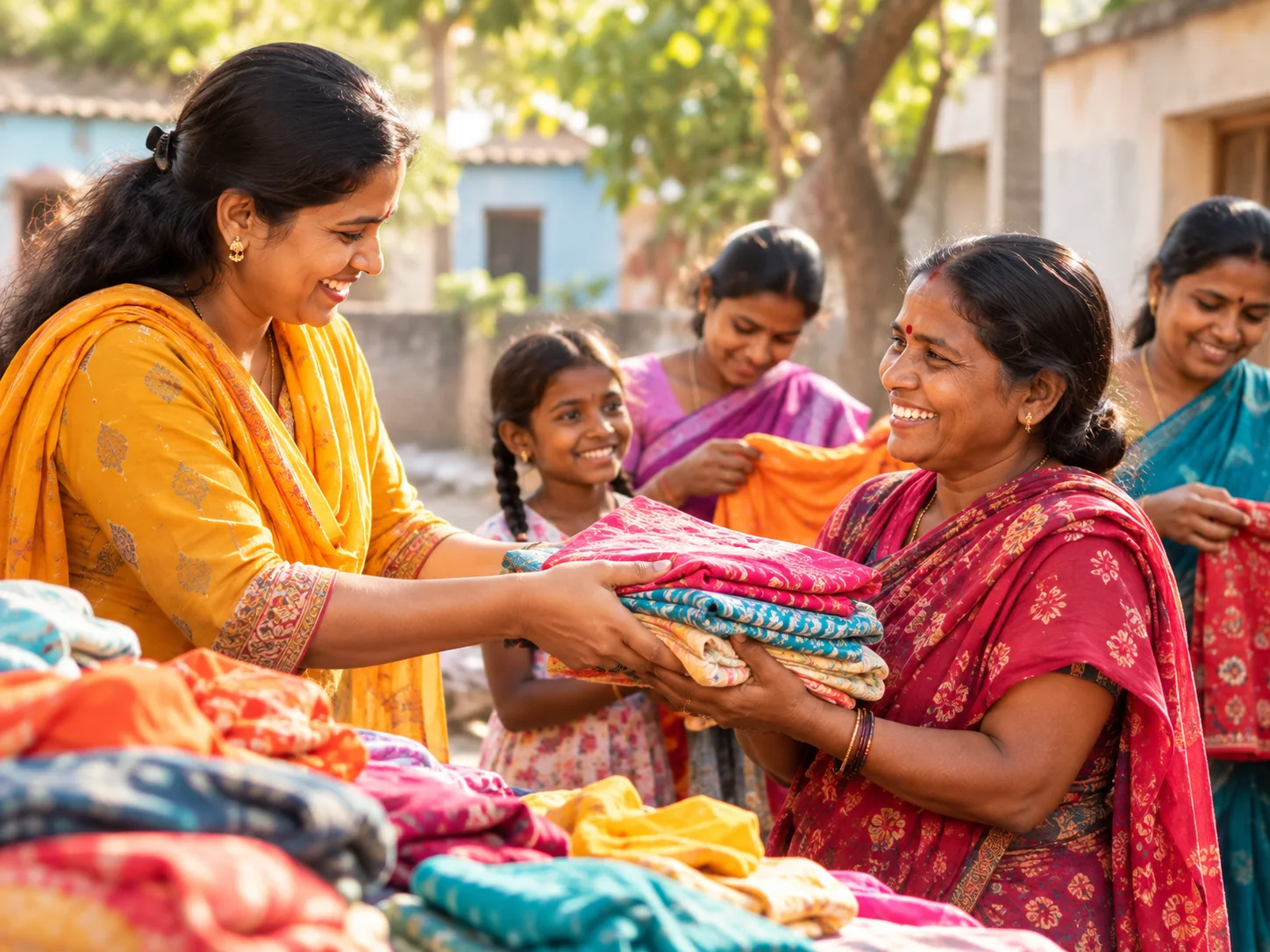 Women sharing pre-loved clothing in a community setting.