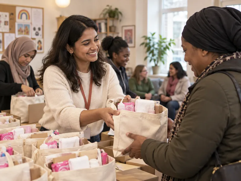 Volunteers handing out tote bags filled with period products and hygiene essentials.